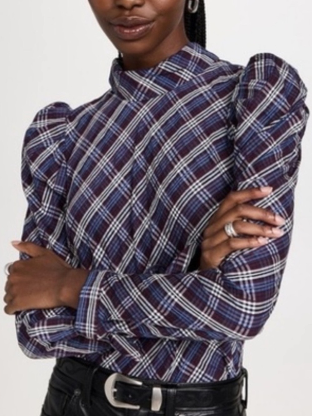 NWOT Veronica Beard Isabel Purple Plaid Puff-Sleeve Top, 6
